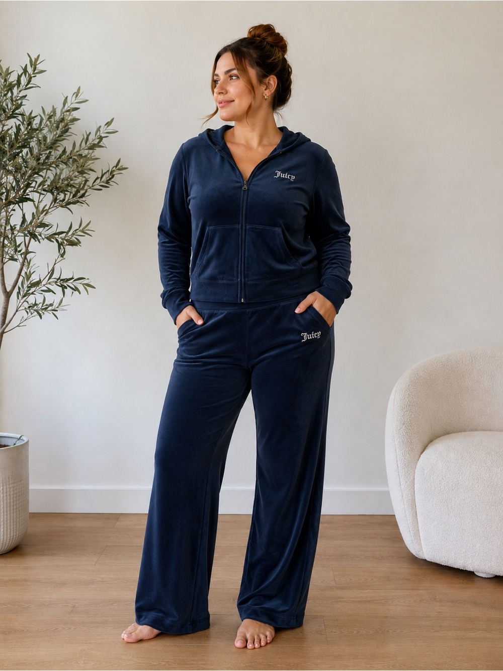 Juicy Couture Navy Velour Tracksuit Set Hoodie & Wide Leg Pants Y2K Women’s XXL